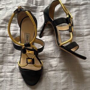 Jimmy Choo Black and Gold Strappy Heels